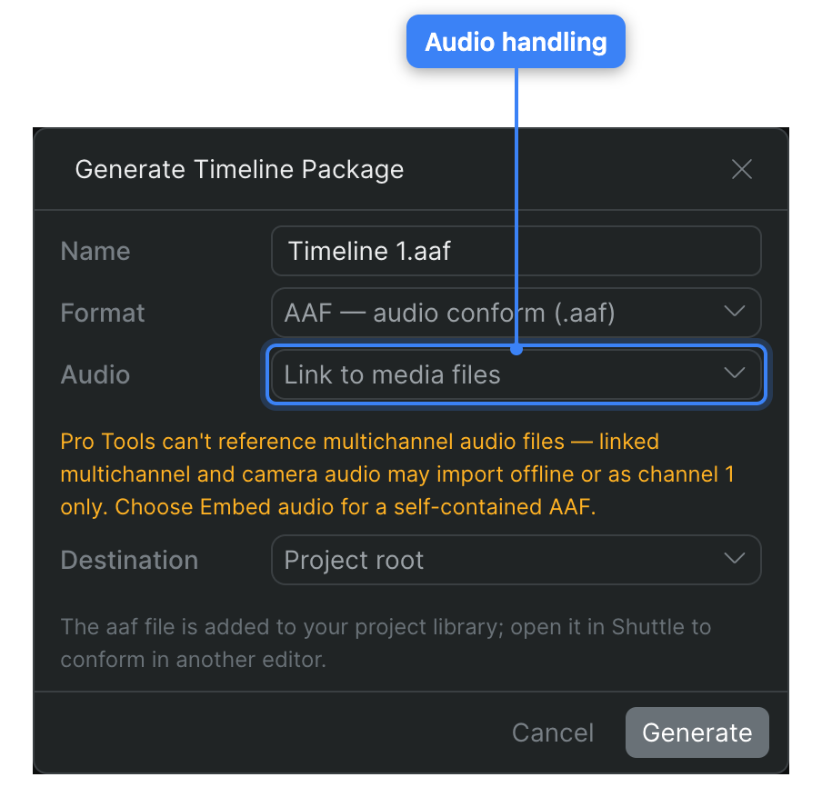 The Generate Timeline Package dialog with Format set to AAF, exposing the Audio dropdown set to Link to media files and the Pro Tools multichannel-audio warning below it.