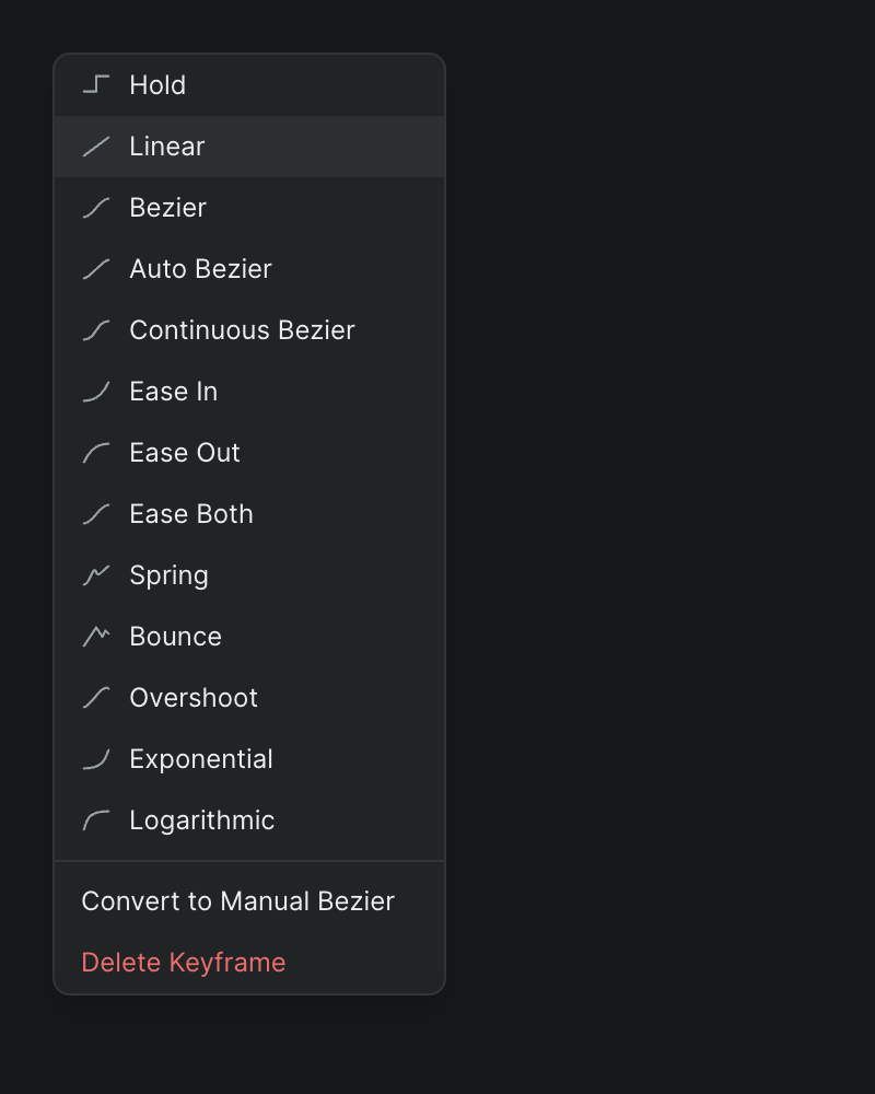 The right-click context menu on a keyframe, listing the easing types with the current one highlighted.
