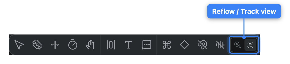 The timeline control bar, with the Reflow and Track view toggle at its right end and Track view active.