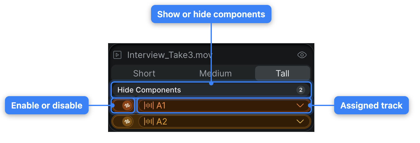 A selected clip's element info in Track view: the Hide Components pill with a component count of 2, above two audio component strips labeled A1 and A2, each with an enable switch on the left and a track pill.
