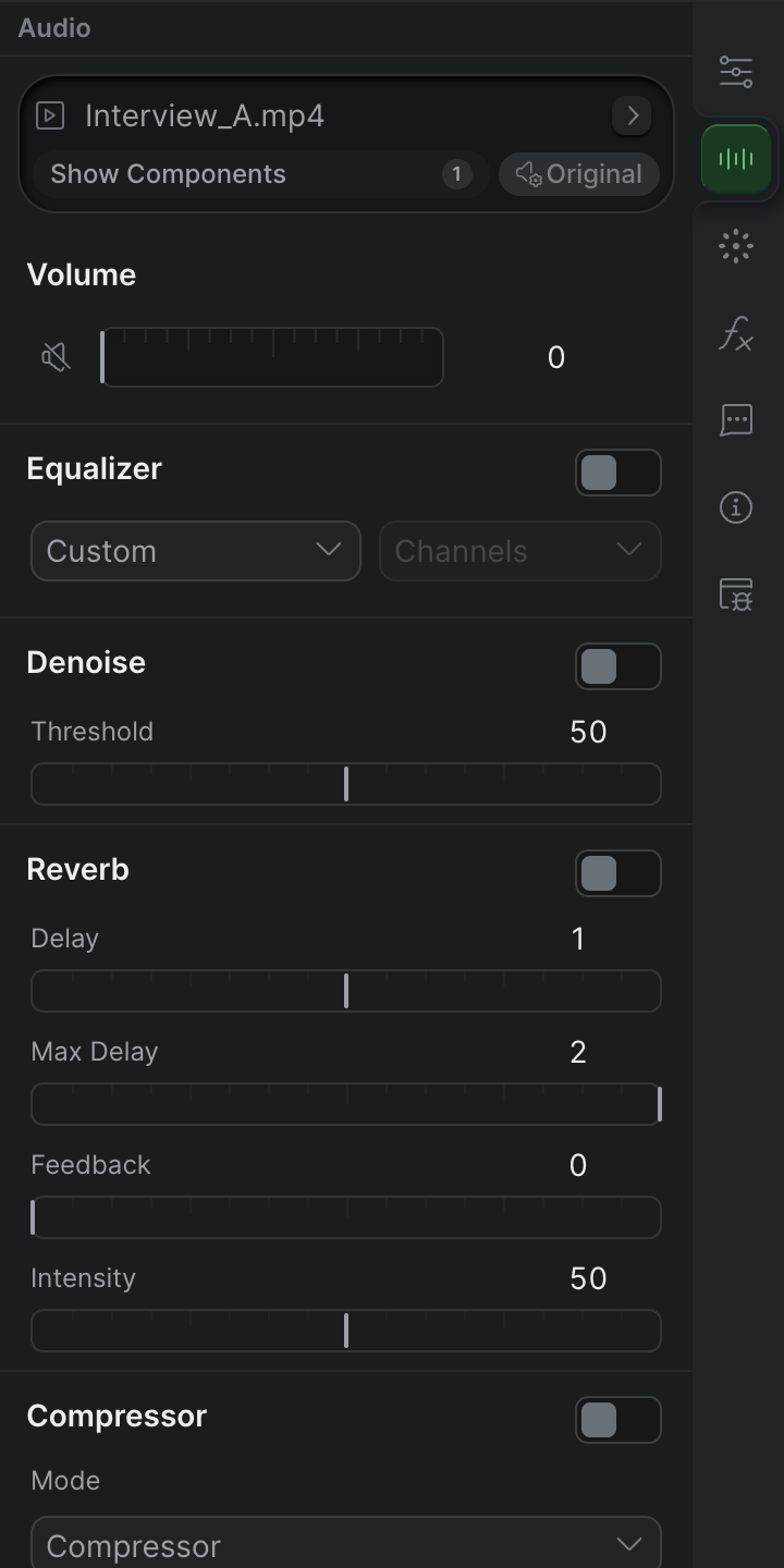 The inspector's Volume module for a muted clip: the speaker icon shows a muted speaker and the volume field reads 0%.