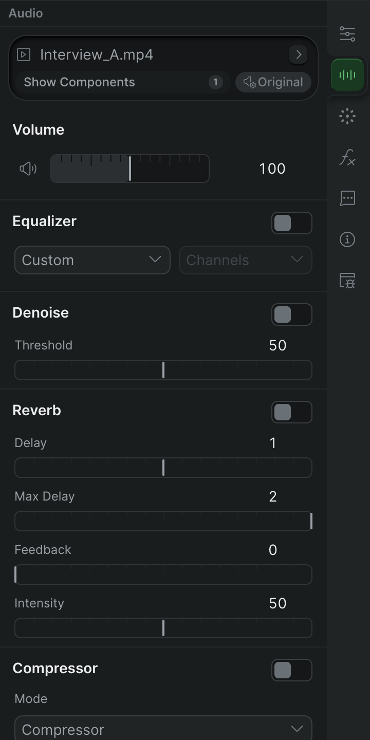 The inspector's Volume module for a selected clip: the Detach audio button, the speaker mute toggle, and the volume slider with its keyframable percentage field.