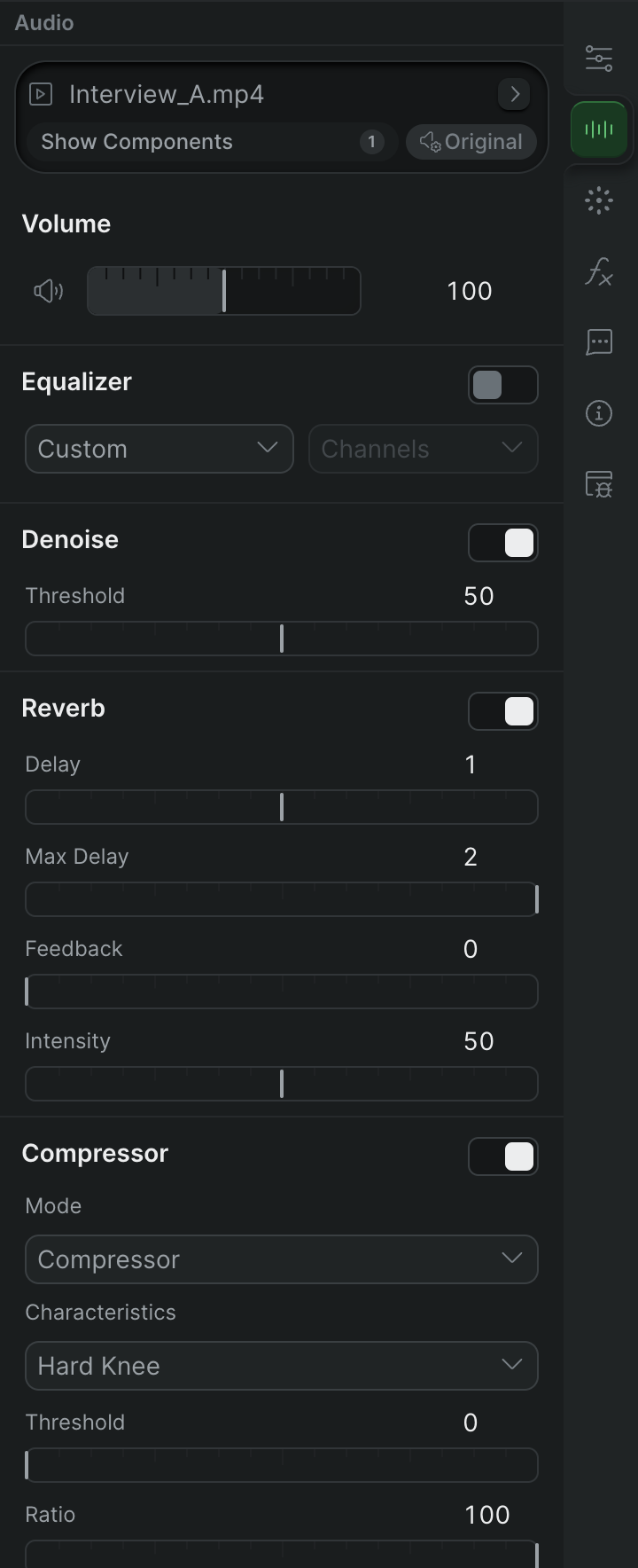 The inspector's audio controls with the Denoise, Reverb, Compressor, and Loudness effect modules stacked and switched on, and the Compressor module expanded to show its Mode, Characteristics, Threshold, and Ratio controls.