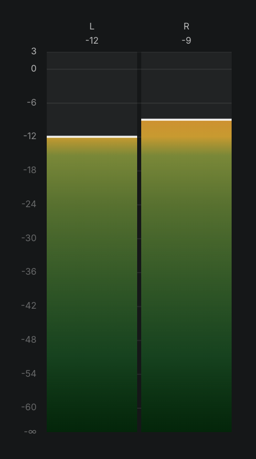 The full-size audio meters at stereo levels: the L and R channel bars filled mid-scale through the green safe zone into yellow, each with a peak-hold marker line, and the dBFS scale from −∞ up to +3 down the side.
