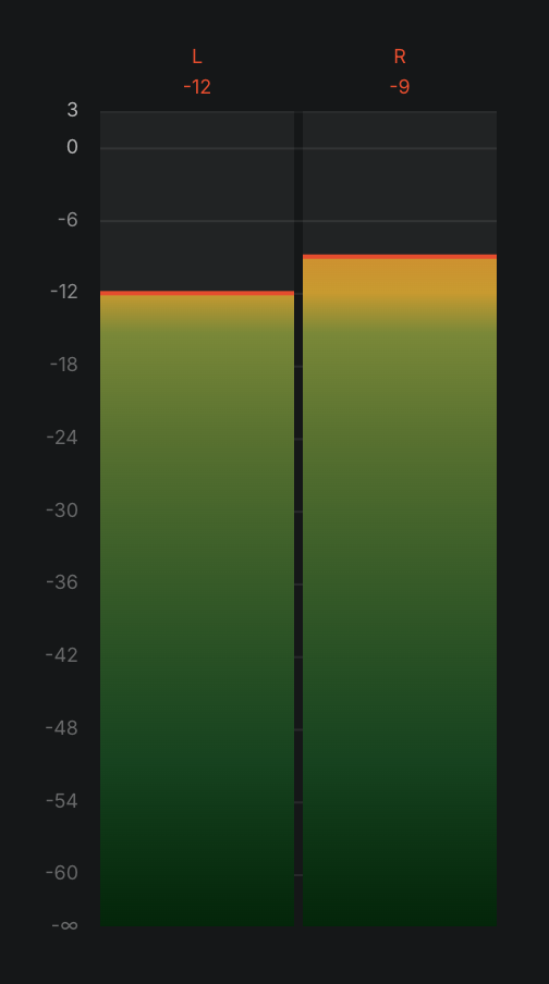 The full-size audio meters showing L and R channel bars filled mid-scale, each with a peak-hold marker and the dBFS scale down the side.