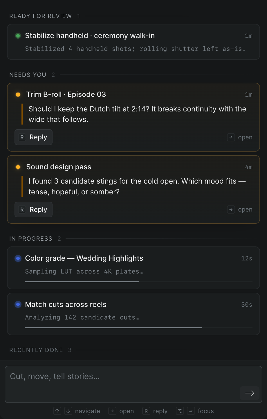 The Snippy panel in the right sidebar, listing recent sessions grouped by state, with the New chat plus button beside the Snippy title.