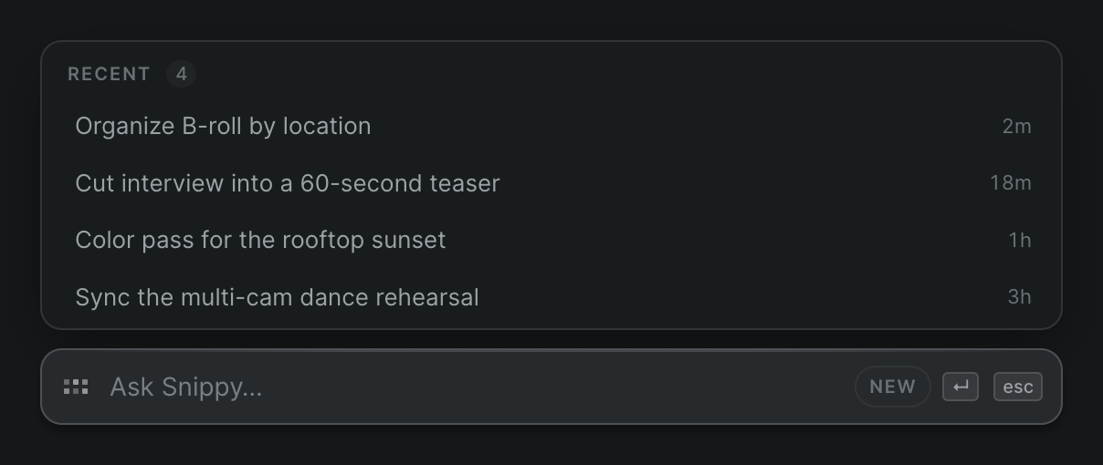 The Snippy launcher open in the editor: an inline prompt with the Ask Snippy… placeholder, and the Recent sessions list lifted above it with one session highlighted.