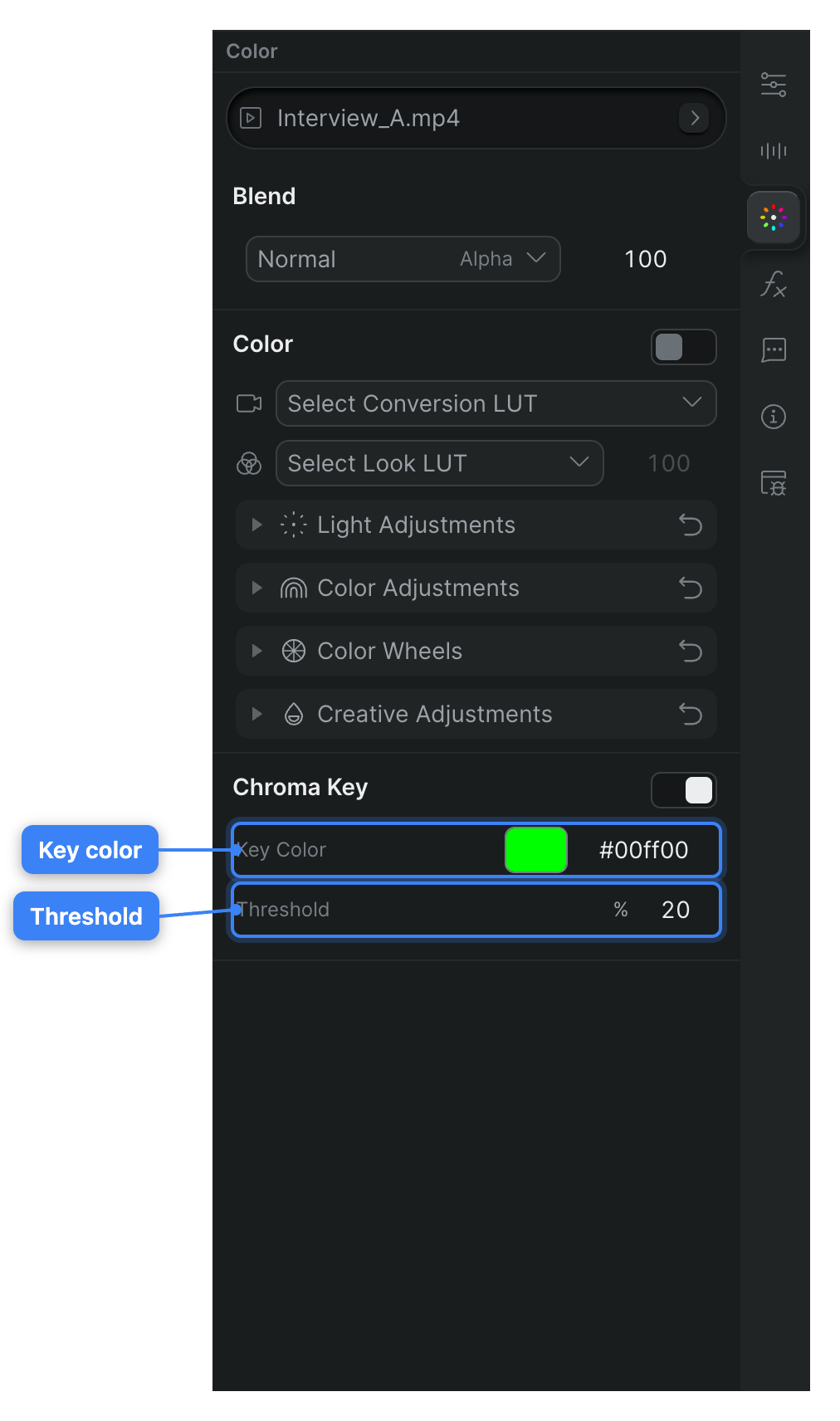 The Chroma Key module in the Color tab with its header switch on, the Key Color swatch set to green, and the Threshold field just below it.