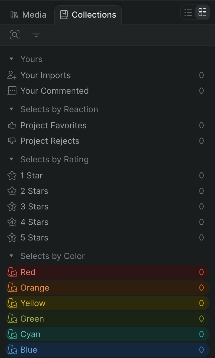 The Collections tab active in the library panel, with collapsible groups such as Project Tags and Selects by Color and Rating populated with marked media.