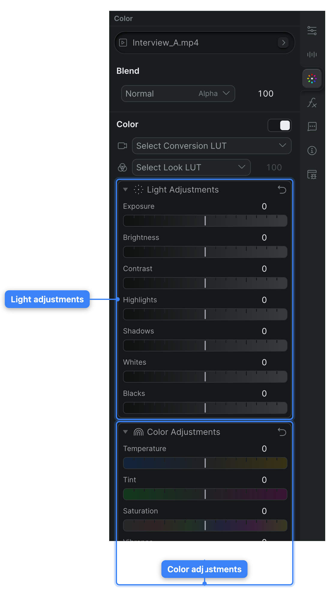 The Color tab with the Light Adjustments and Color Adjustments sections expanded, showing the Exposure, Contrast, Temperature, and Saturation sliders, each centered on 0.