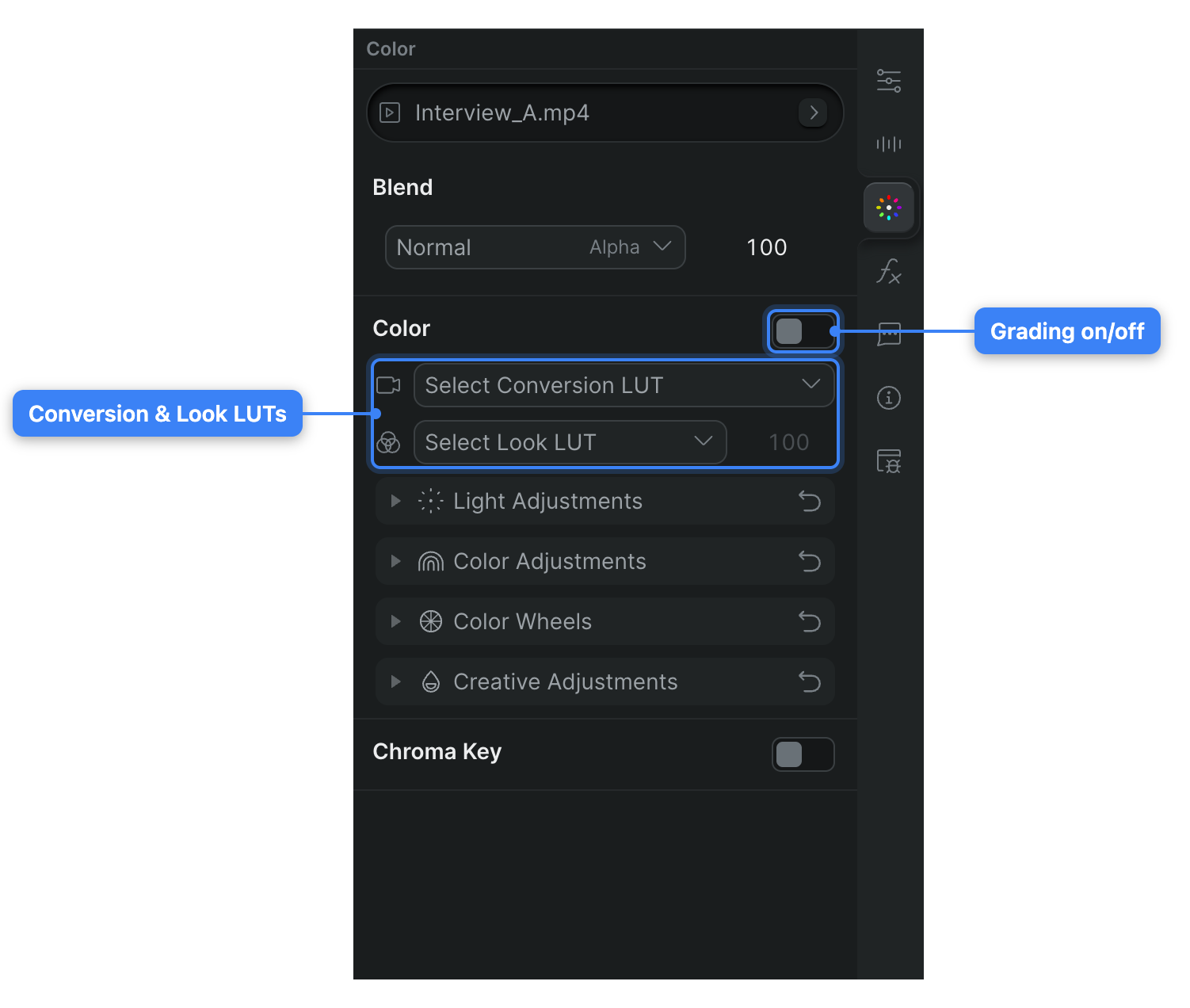 The Inspector's Color tab, showing the master on/off switch above the LUT, adjustment, and color-wheel modules.