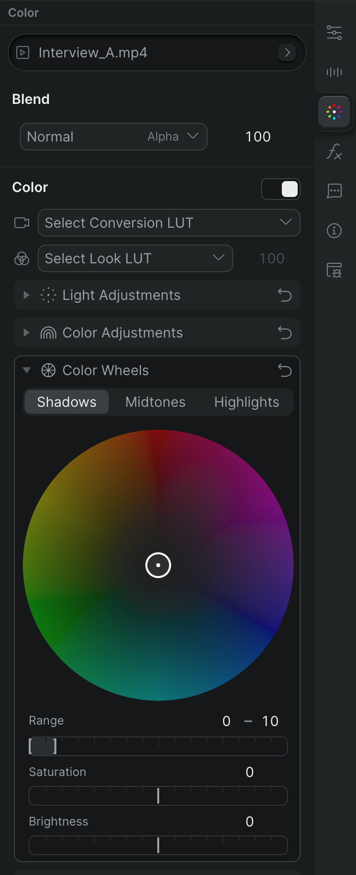 The Color Wheels section expanded: the wheel with Shadows, Midtones, and Highlights mode buttons and the Range, Saturation, and Brightness sliders below.
