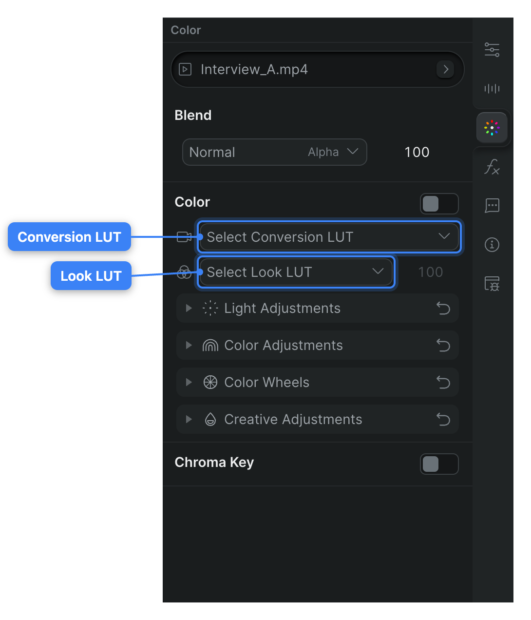 The Color tab in Sequence's Inspector, showing the Camera Conversion LUT and Creative Look LUT menus, the Look Intensity control, and the color effect toggle beside the Color heading.