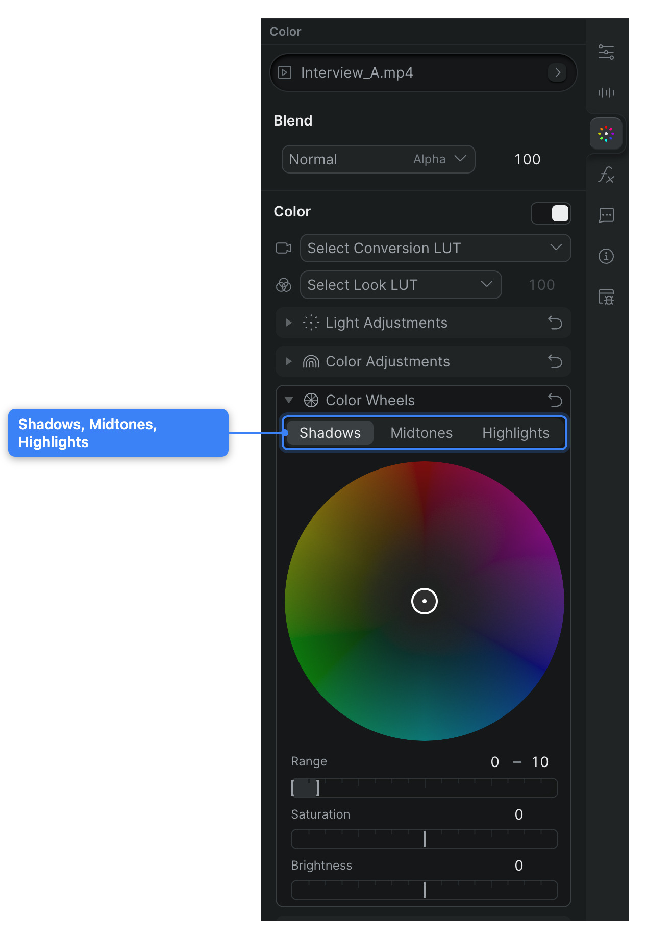 The Color Wheels section expanded in the Color tab: the wheel with Shadows, Midtones, and Highlights mode buttons above it, the Range, Saturation, and Brightness sliders below, and the section Reset.