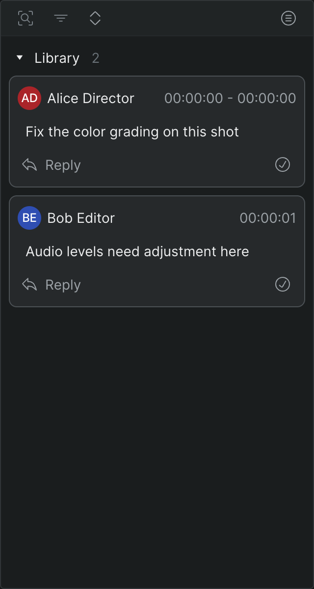 The library comment panel listing comments left on a source library item.