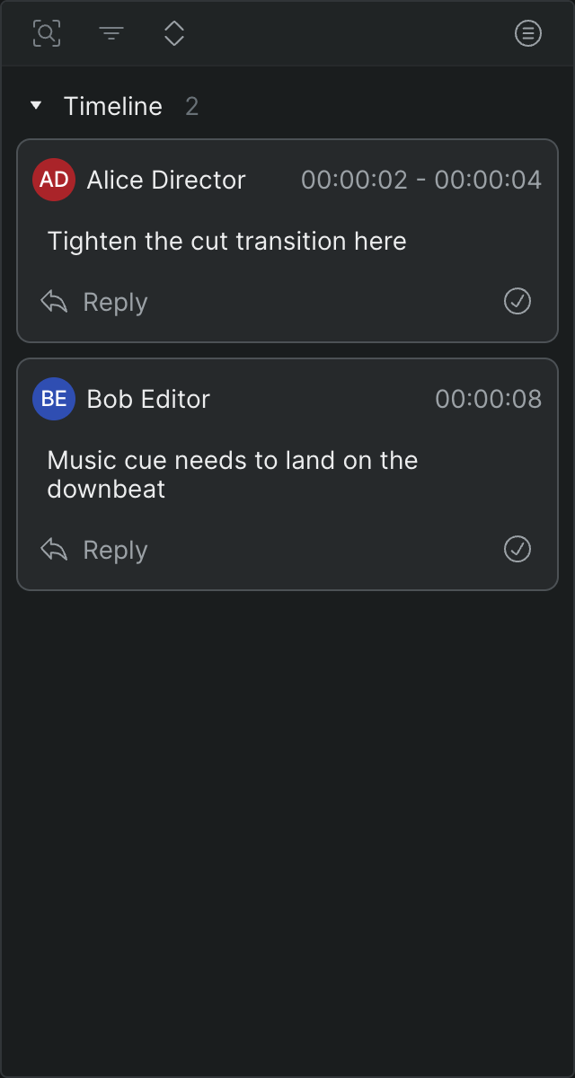 The timeline comment panel listing contextual comments attached to clips in the timeline.