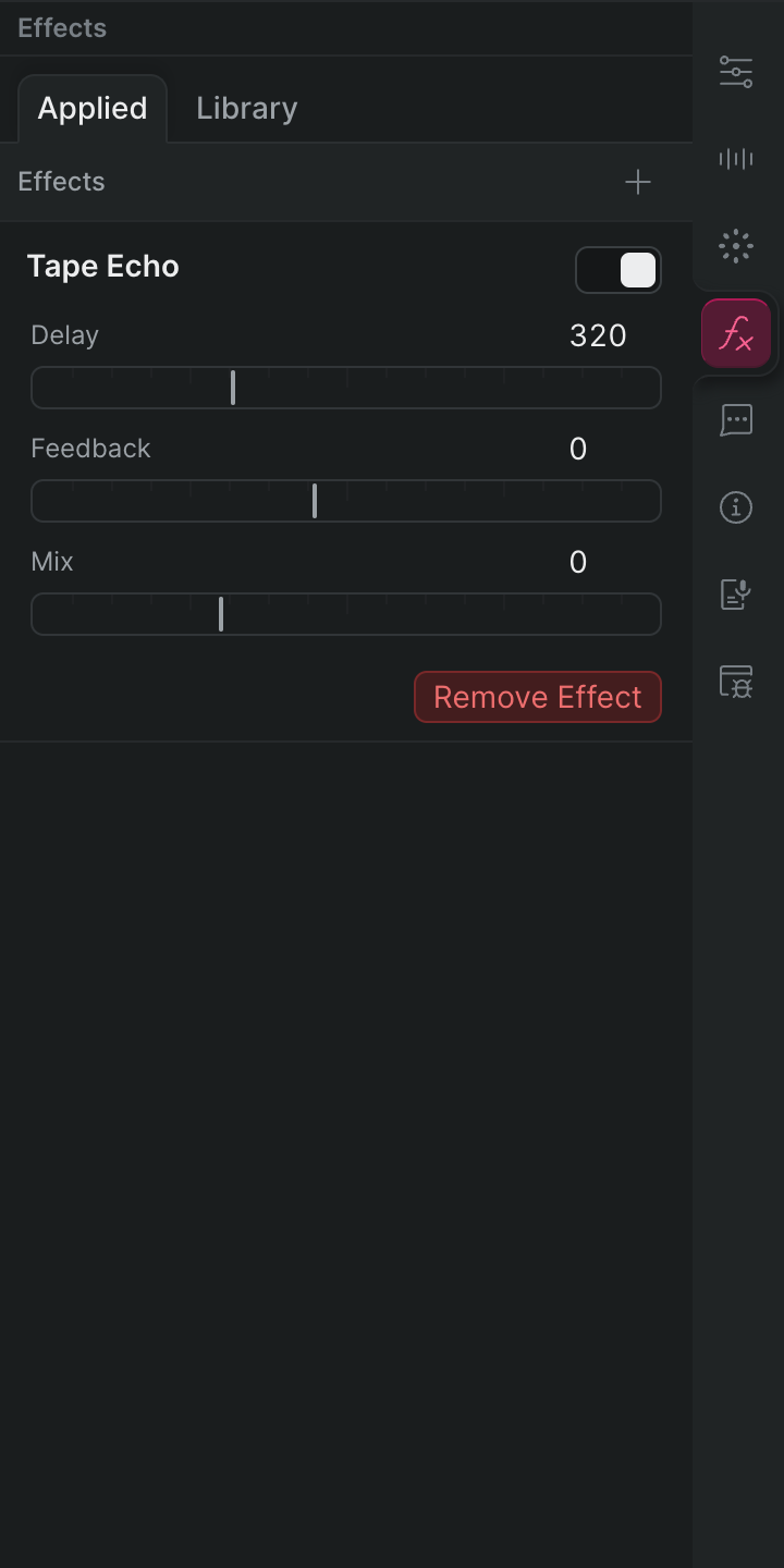 The Applied sub-tab with the Tape Echo audio effect applied to a clip, showing its Delay, Feedback, and Mix controls and a Remove Effect button.