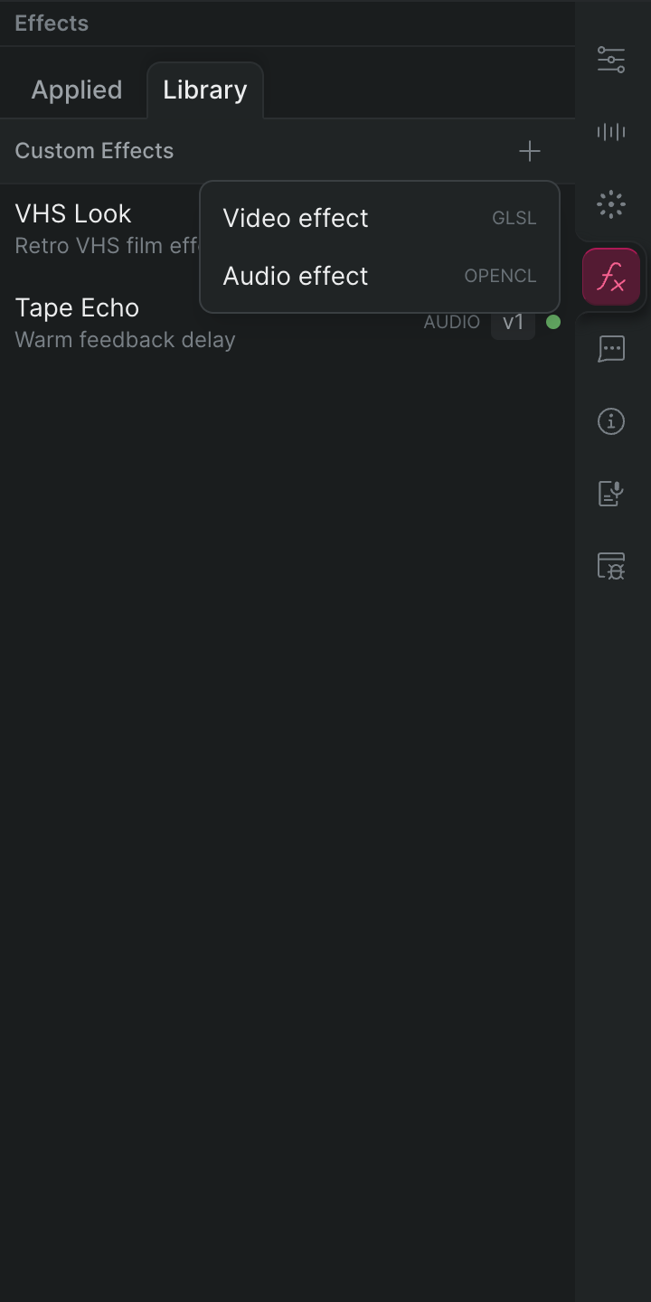 The Library sub-tab with the plus button's menu open, offering Video effect (GLSL) and Audio effect (OpenCL).