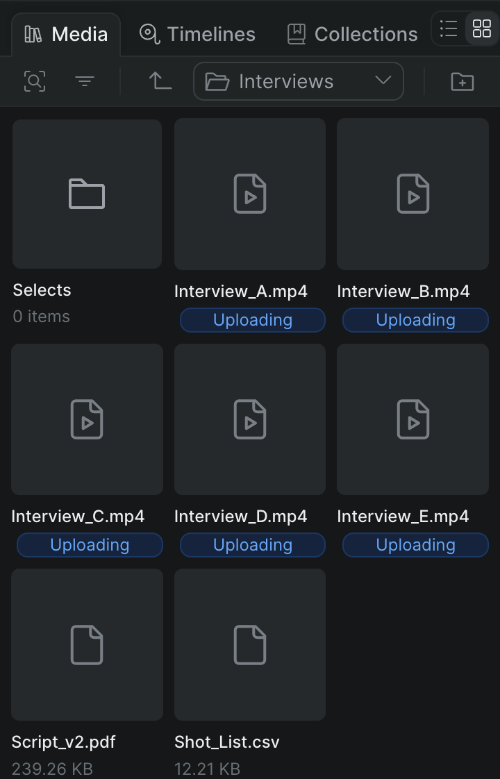 The library browser panel showing script and text documents arranged as cards in grid view.