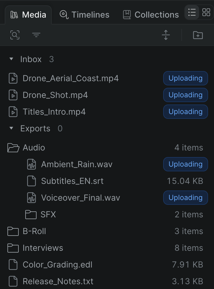 The library panel in list view, with documents mixed in among clips — each showing a document icon, file name, and file size.