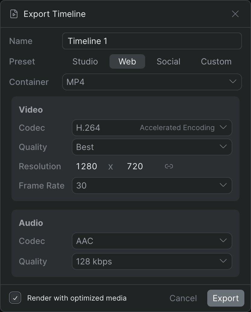 The Export Timeline dialog in its default Web-preset state, showing the Name field, Preset selector, Container, the Video codec, quality, resolution, and frame-rate controls, the Audio codec and quality, and the Render-with-optimized-media toggle.