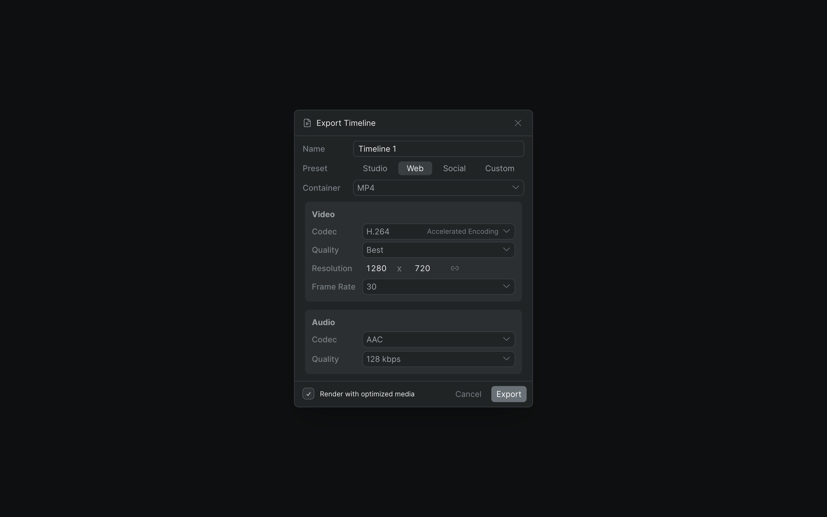 The Export Timeline dialog showing the Name field, the Studio/Web/Social preset selector, container, video codec, quality, resolution, and frame rate, plus audio codec and quality and the render-with-optimized-media toggle.