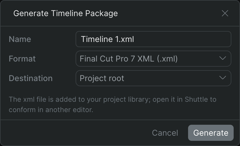 The Generate Timeline Package dialog with Format set to Final Cut Pro 7 XML, showing just the Name field and the Destination folder selector with no format-specific options.