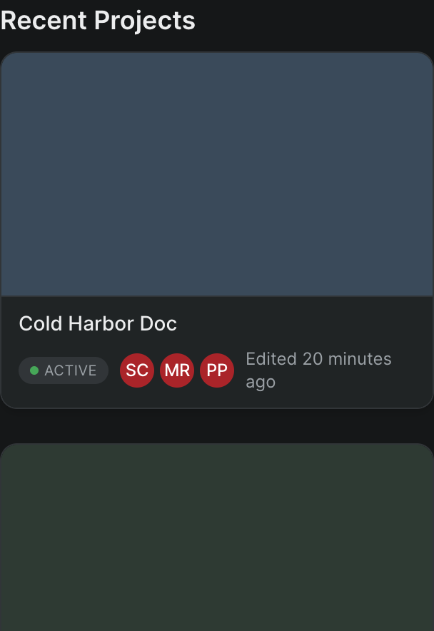 The Recents view, a narrow column of the projects you opened most recently.