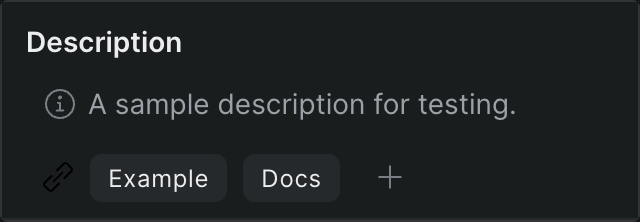 The Info tab's Description module with a written description and two link chips.