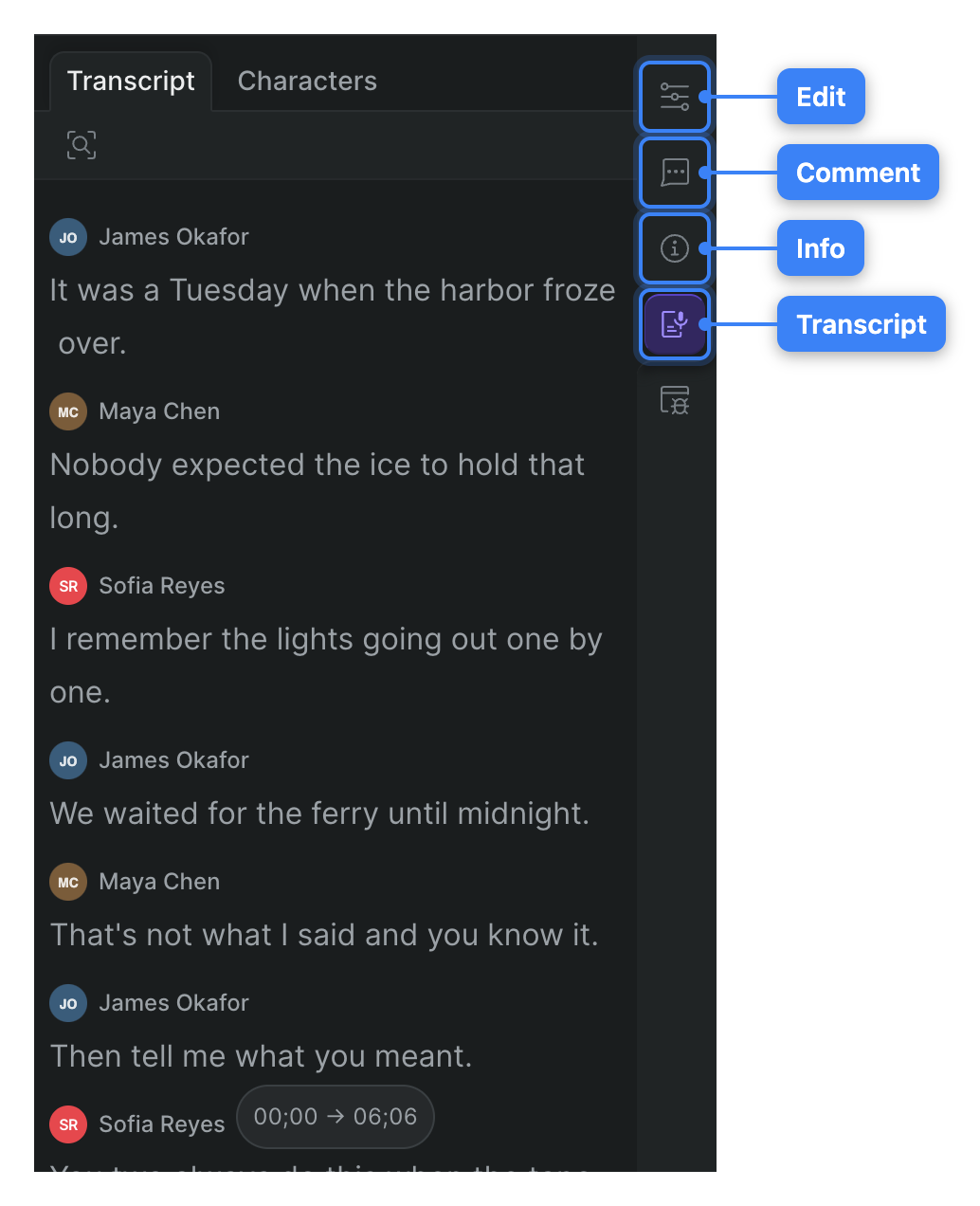 The inspector for a selected library item, showing the Edit, Comment, Info, and Transcript tabs.