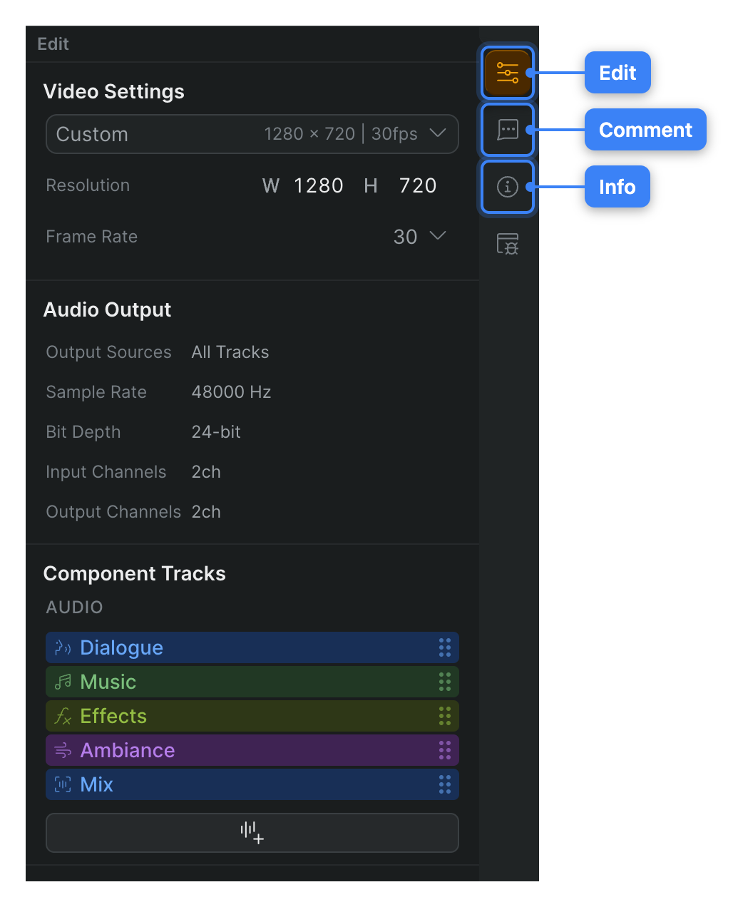 The inspector with the timeline selected, showing just the Edit, Comment, and Info tabs.