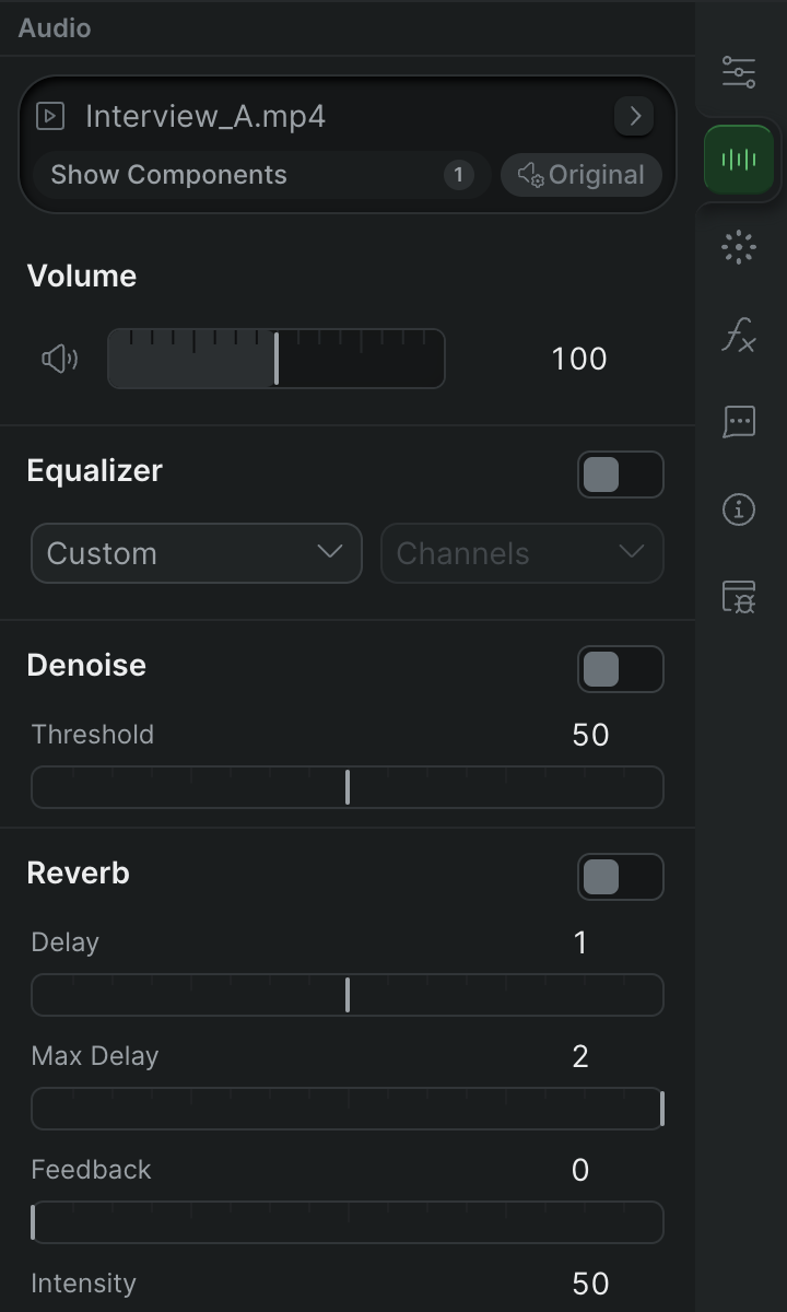 The inspector's Audio tab showing the Volume module: the mute button, the logarithmic volume slider centered on 100%, and the Detach audio control.