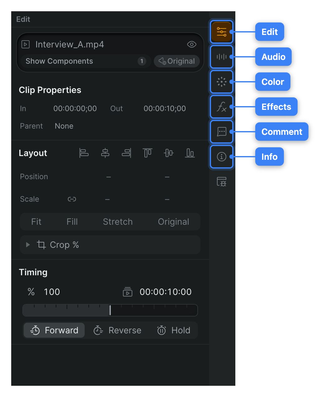 The inspector for a selected clip, with its Edit, Audio, Color, Effects, Comment, and Info tabs called out.