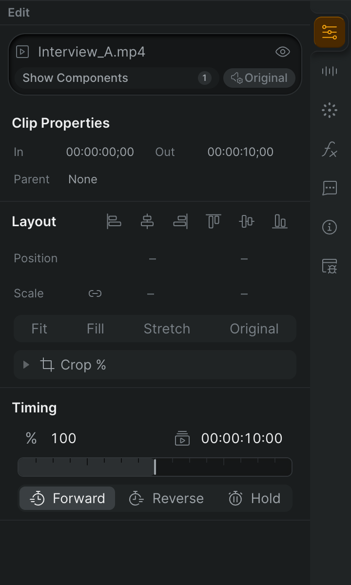 The inspector's Edit tab for a selected clip, showing the layout position and scale controls.