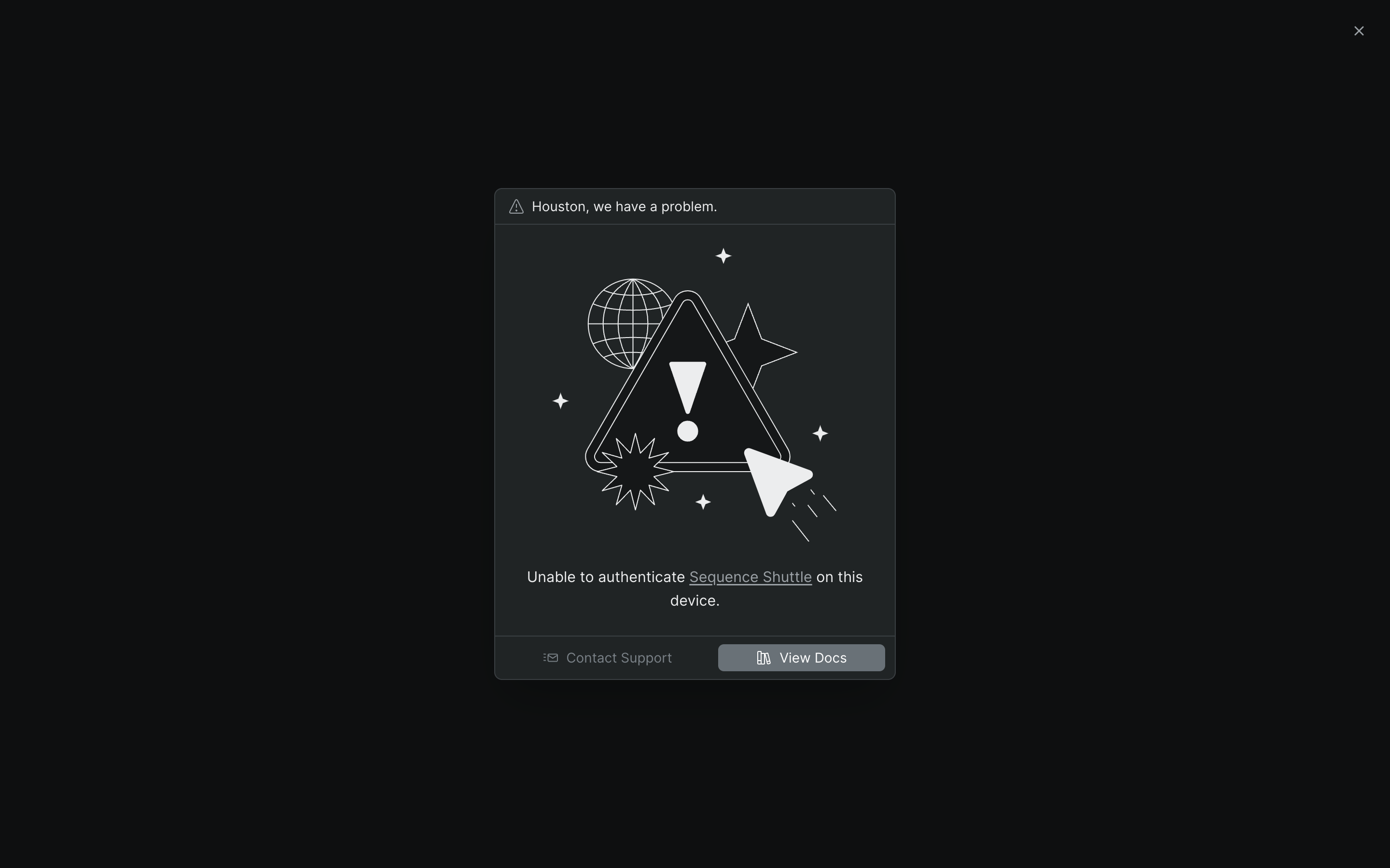 The browser sign-in failure screen headed 'Houston, we have a problem.' with View Docs and Contact Support buttons.