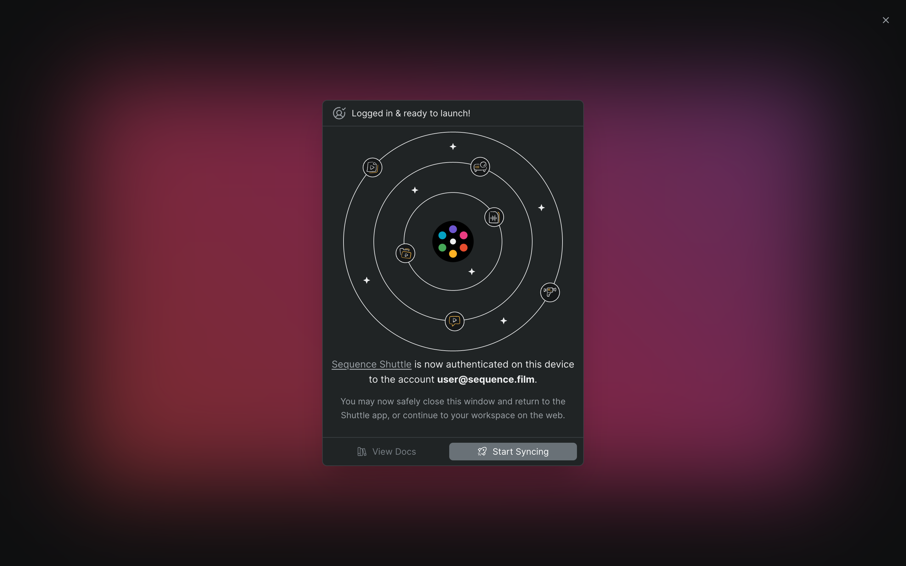 The browser confirmation shown after a successful sign-in, reading 'Logged in & ready to launch!' with buttons to close the tab or Start Syncing.