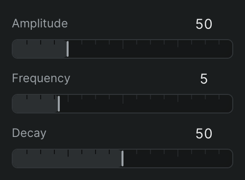 The Overshoot parametric sliders — Amplitude, Frequency, and Decay — shown below the interpolation controls in the inspector.
