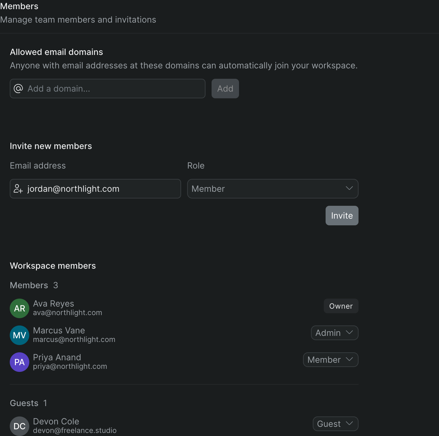 The Members settings screen: an Invite new members row with an email typed and Role set to Member, and a Workspace members list showing the Owner with a fixed Owner label, Members with role dropdowns, and a Guest in its own Guests group.