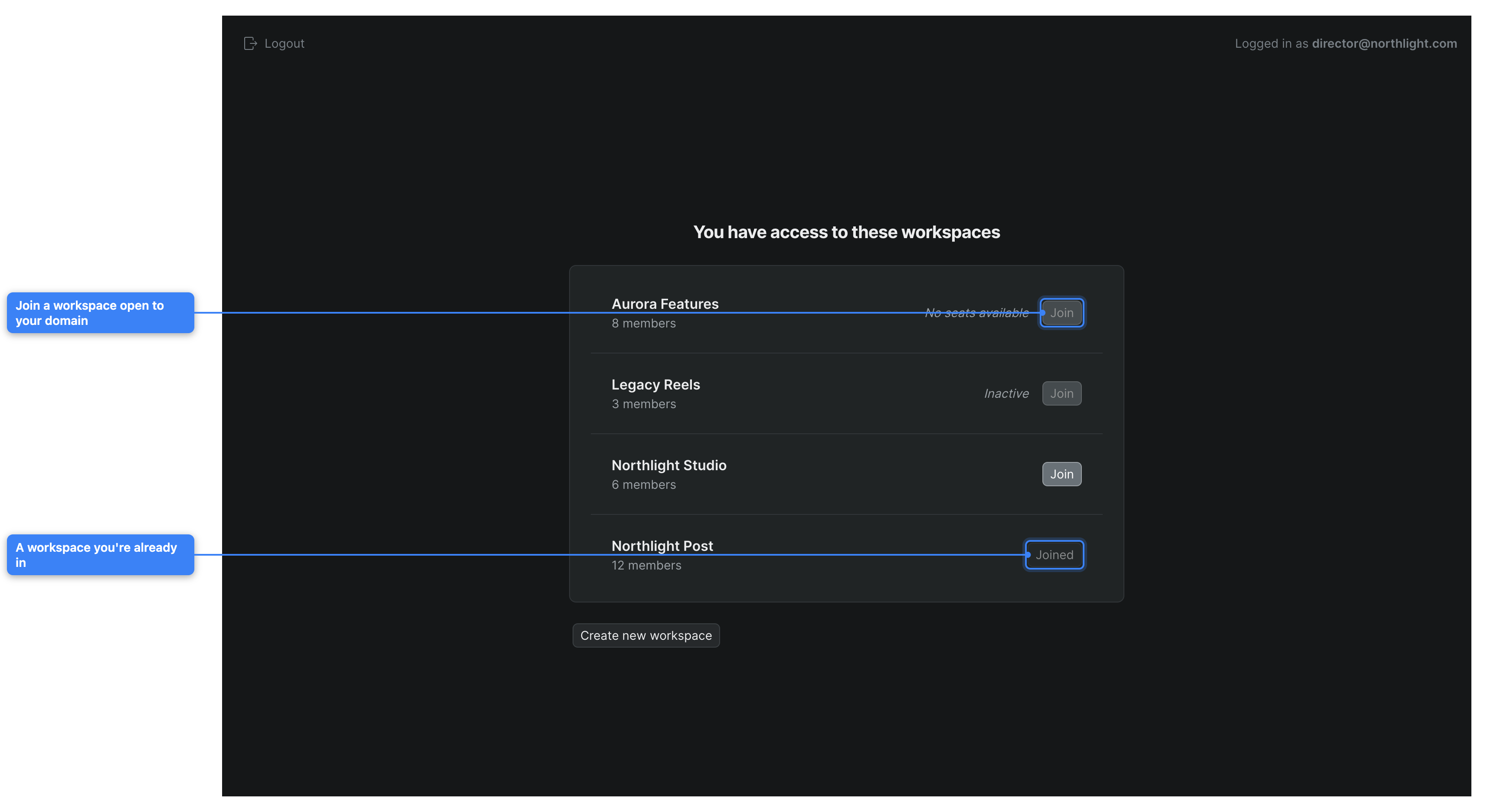 The workspaces available to join — each row shows the workspace name, its member count, and a Join button; a workspace you already belong to shows Joined.