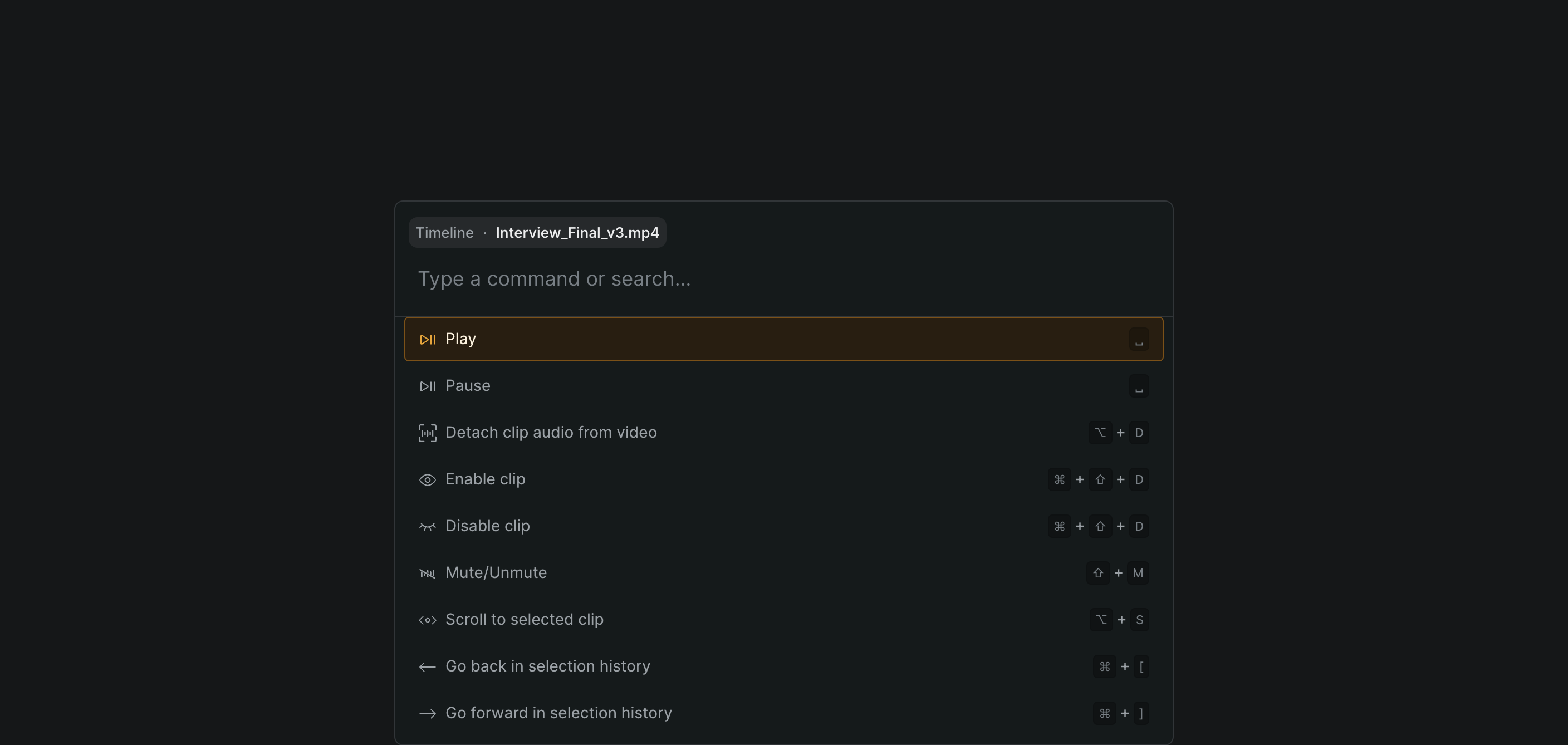 The Sequence command palette open in the editor, showing a searchable list of actions each paired with its keyboard shortcut, and a context pill naming the active area.