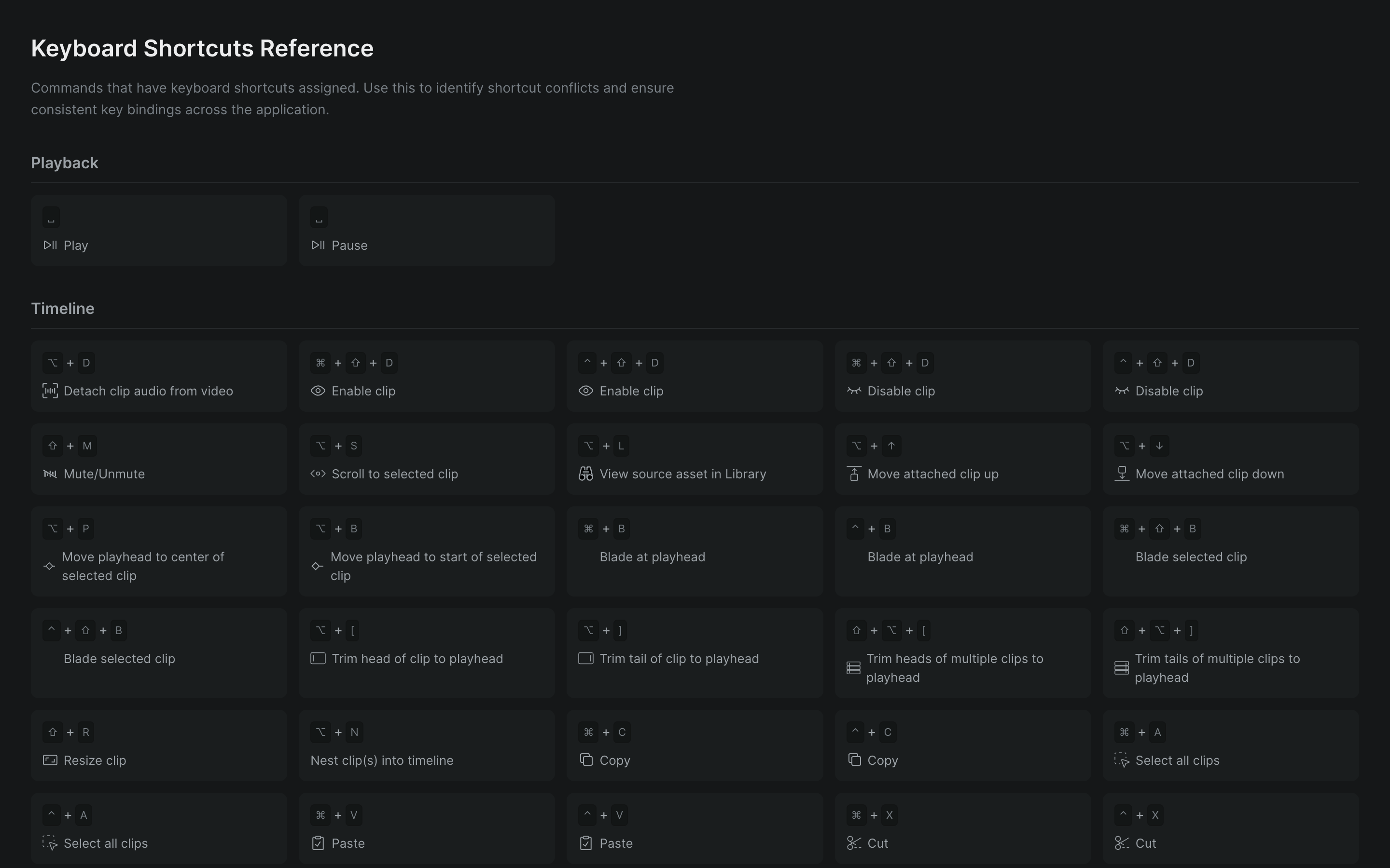 Sequence's command reference listing actions, each paired with its keyboard shortcut.