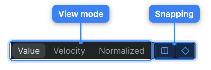 The graph toolbar: the Value / Velocity / Normalized view-mode selector alongside the Snap to frames and Snap to keyframes toggle buttons.