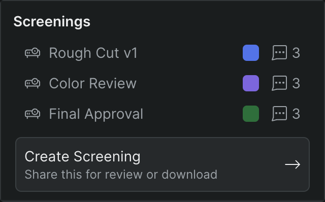 The Screenings module with several screenings grouped by status — Rough Cut, Color Lock, and Approved — each row showing its comment count, above the Create Screening button.