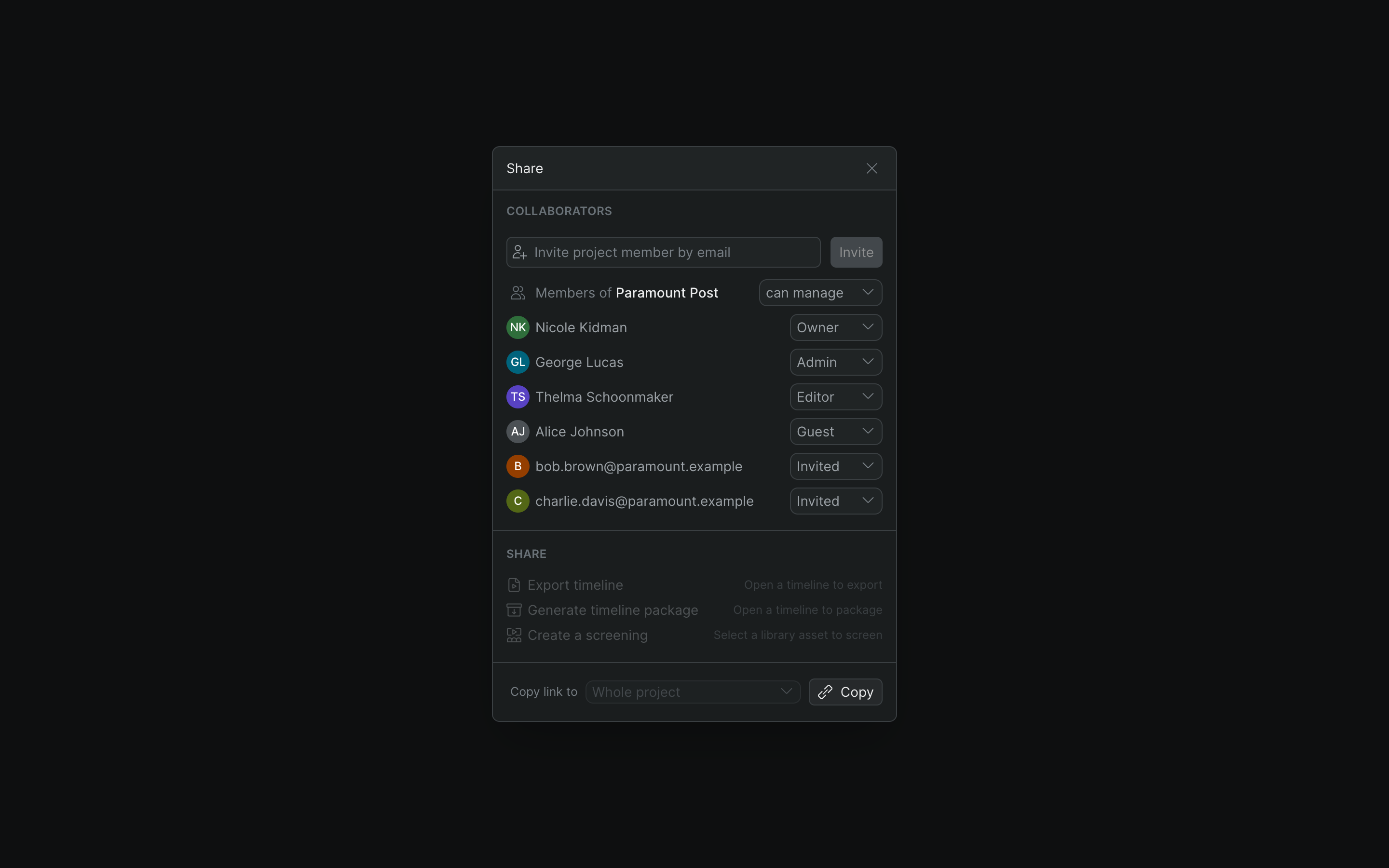 The Share sheet with its Share section open: Export timeline, Generate timeline package, and Create a screening rows, and a Copy link to control at the bottom.