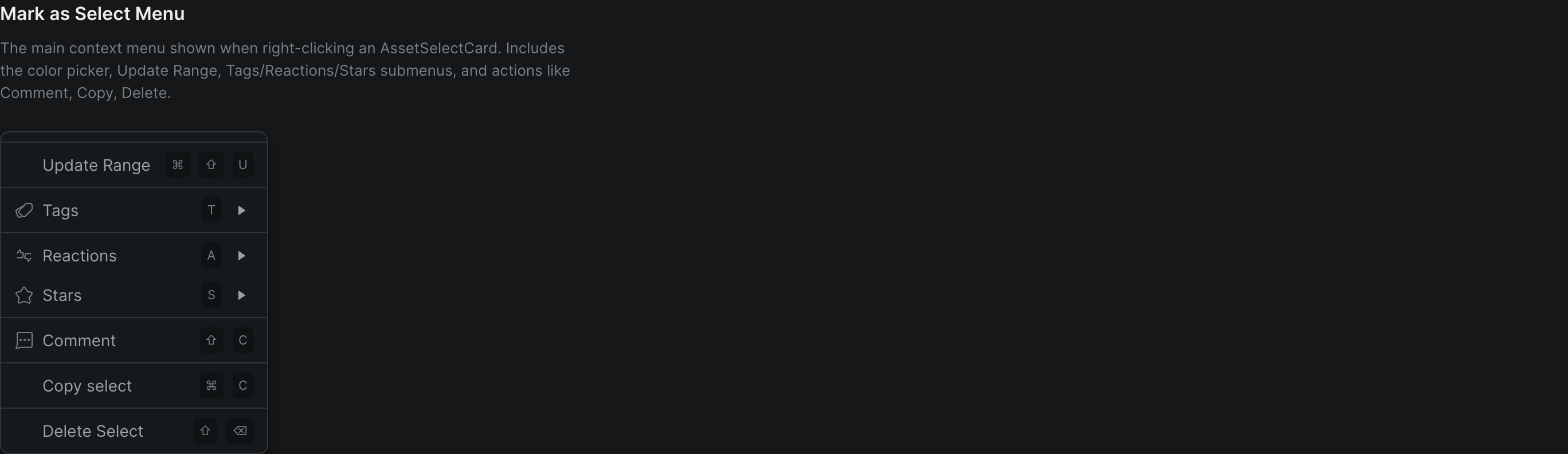 The right-click select menu, with options to name a select and add a color, tags, reactions, and a star rating.