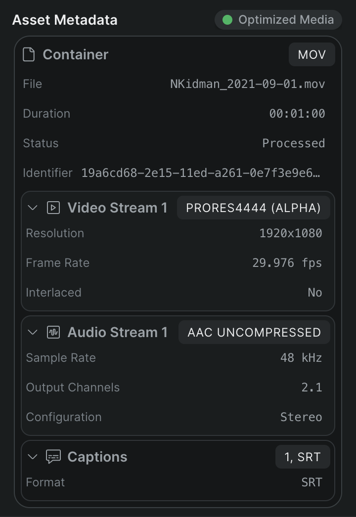 The Asset Metadata panel with the video and audio streams expanded, showing resolution, frame rate, sample rate, and output channels.