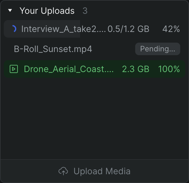 The progress queue, grouping active jobs under Your Uploads and Media Processing while Sequence prepares optimized media.