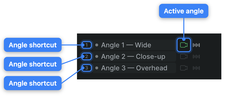 The Multicam Angles list with rows named Angle 1, Angle 2, and Angle 3; Angle 1 is the active video angle with its camera icon lit and its audio toggled on, and each row shows its number-key shortcut (1, 2, 3) at the edge.