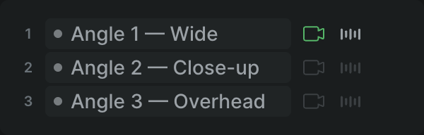 The Multicam Angles inspector module listing Angle 1, Angle 2, and Angle 3, each row showing its number-key shortcut and camera and audio toggles.