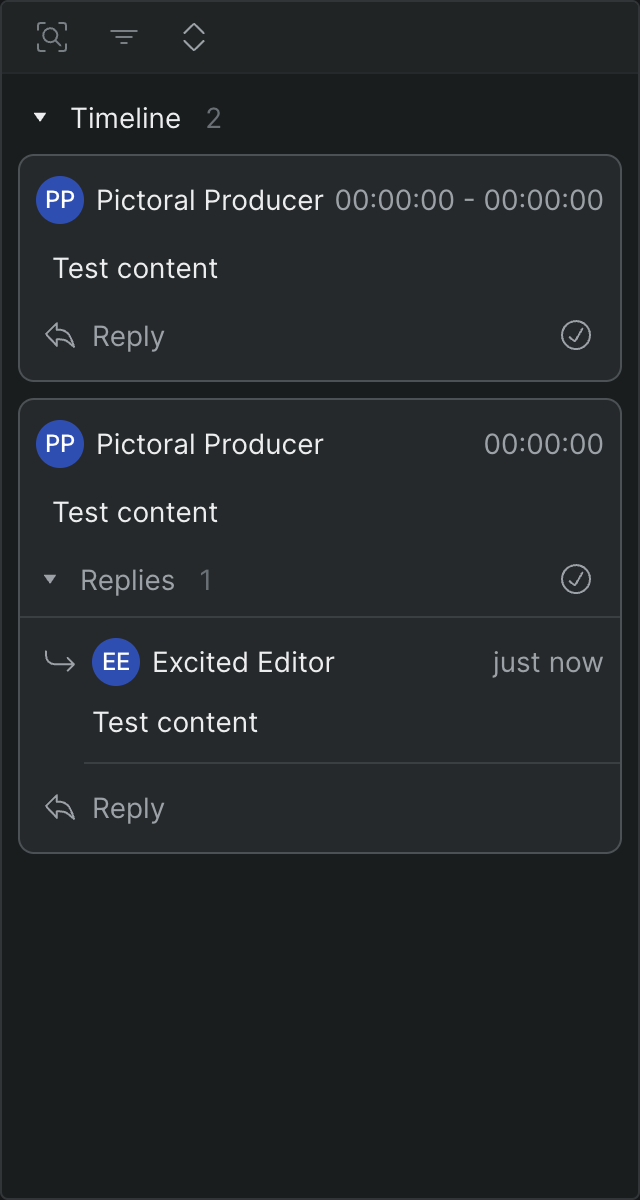 The comment panel showing frame-accurate comment tiles, each with a reply control and a resolve checkmark.